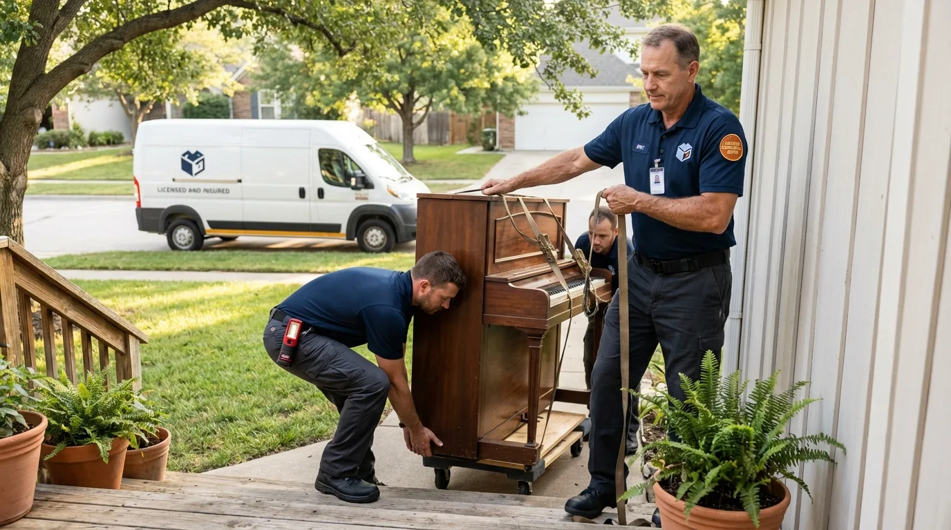 Licensed piano movers securing grand piano in Meredith, NH