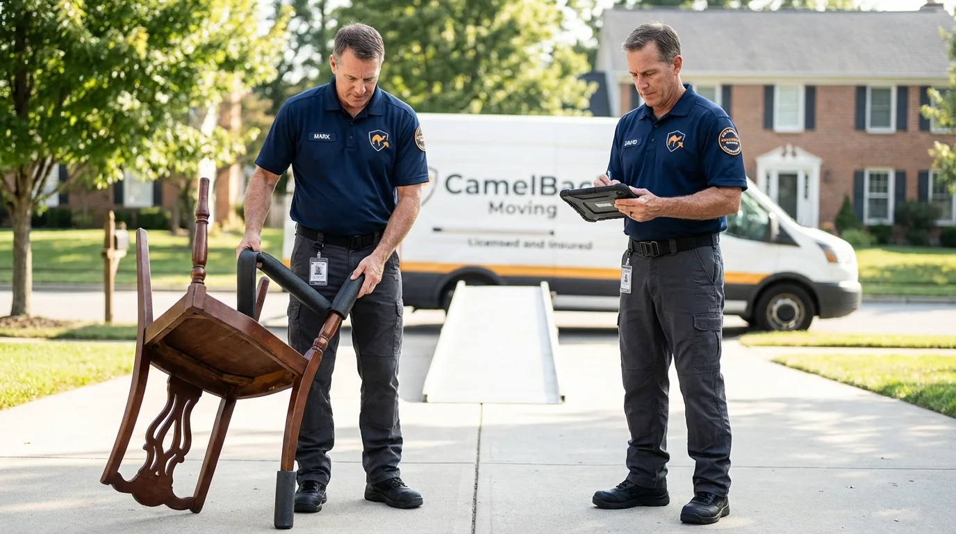 Movers inspecting furniture for damage prevention before loading in Meredith, NH