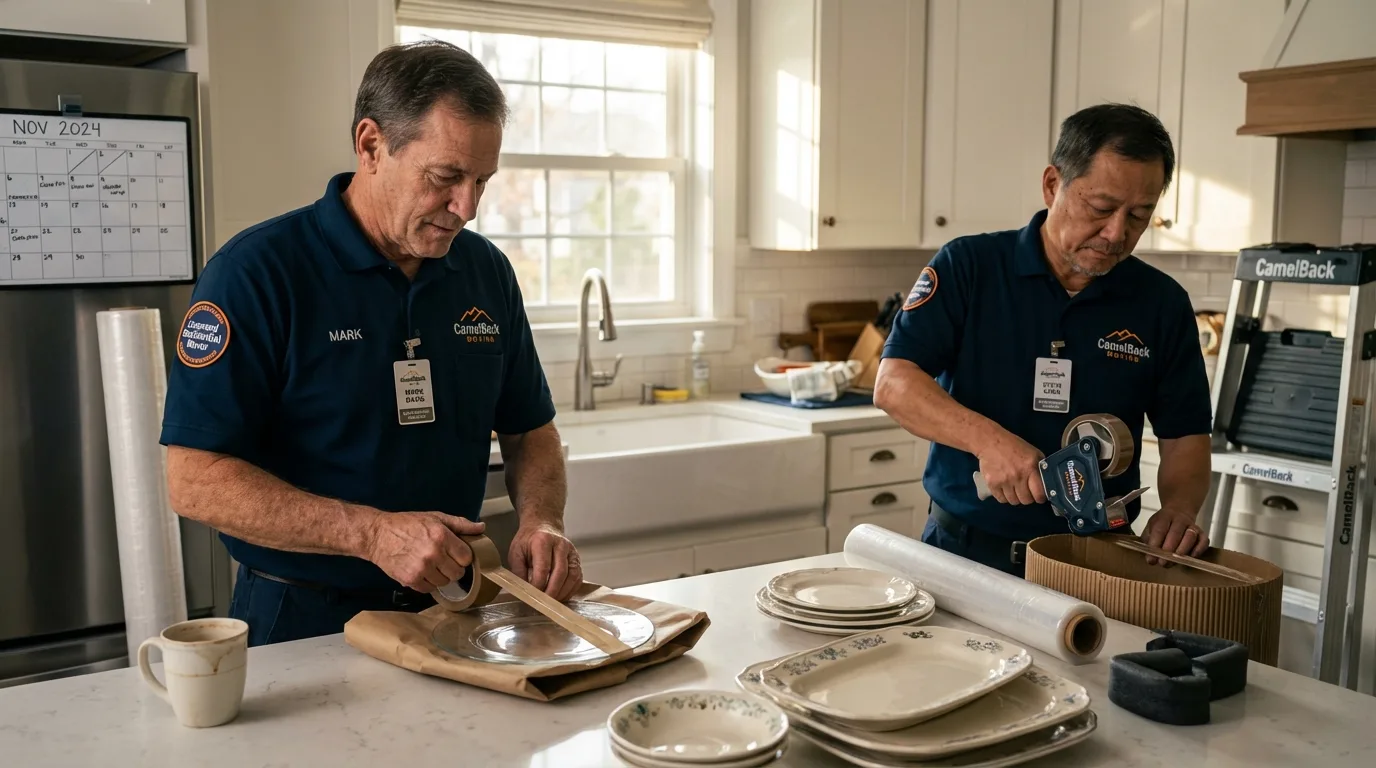 Professional crew packing kitchen dishware in Meredith, NH